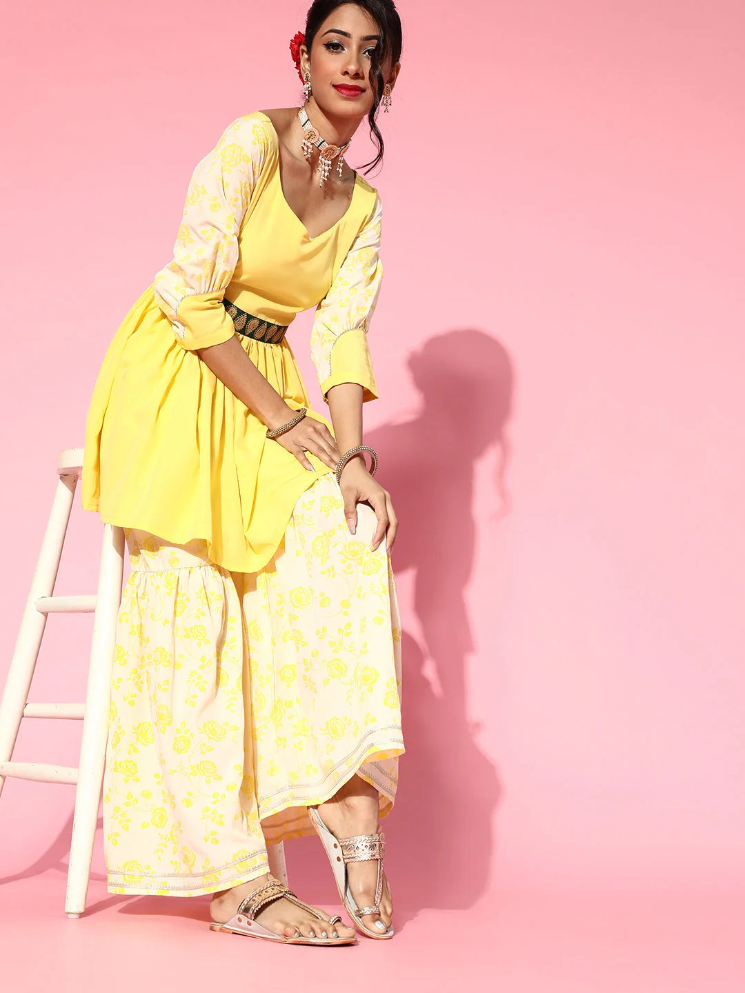 Yellow Floral Print Sharara Set | Women's Garara Pants Outfit