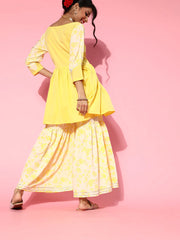 Women's Yellow Floral Print Short Sharara Set-AHKUSH-COMBO-423-FF