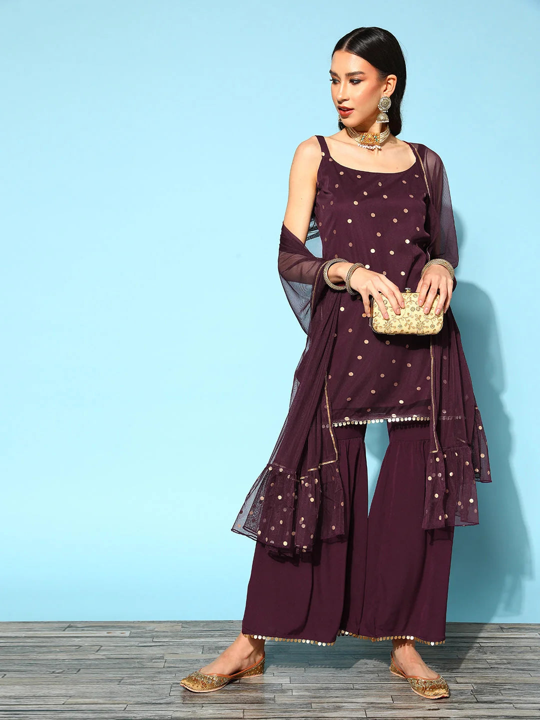 Burgundy Sharara Set With Dupatta - Designer Sharara Suits