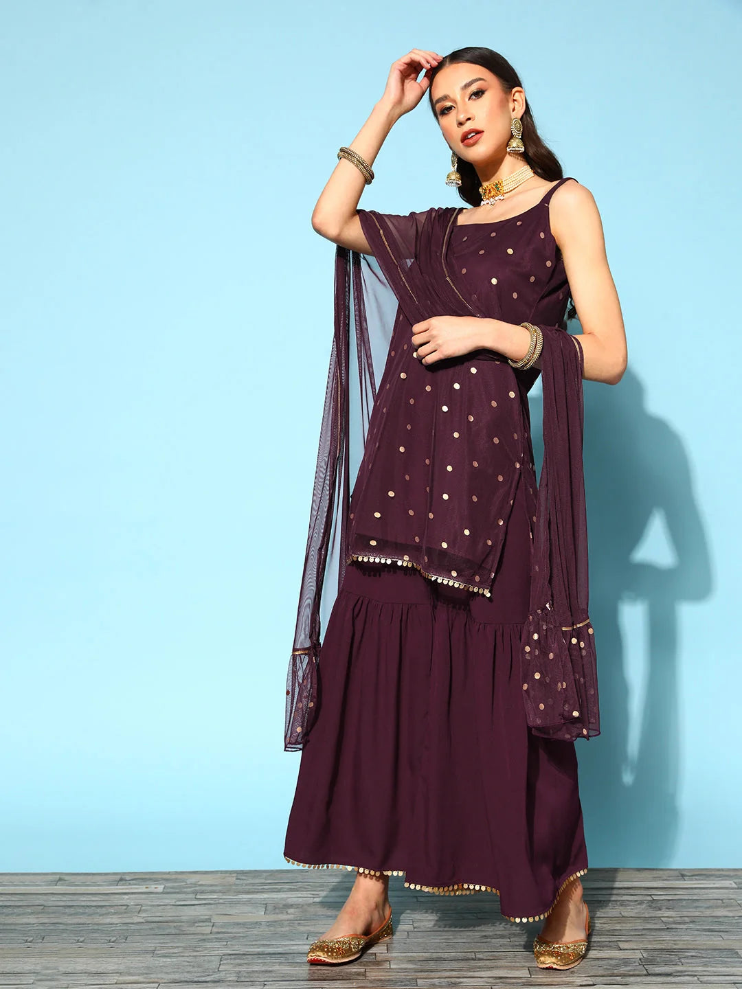 Burgundy Sharara Set With Dupatta - Designer Sharara Suits