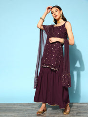 Women's Burgundy Top to Toe Fusion Sharara Set With Dupatta-AHKUSH-COMBO-477-FF