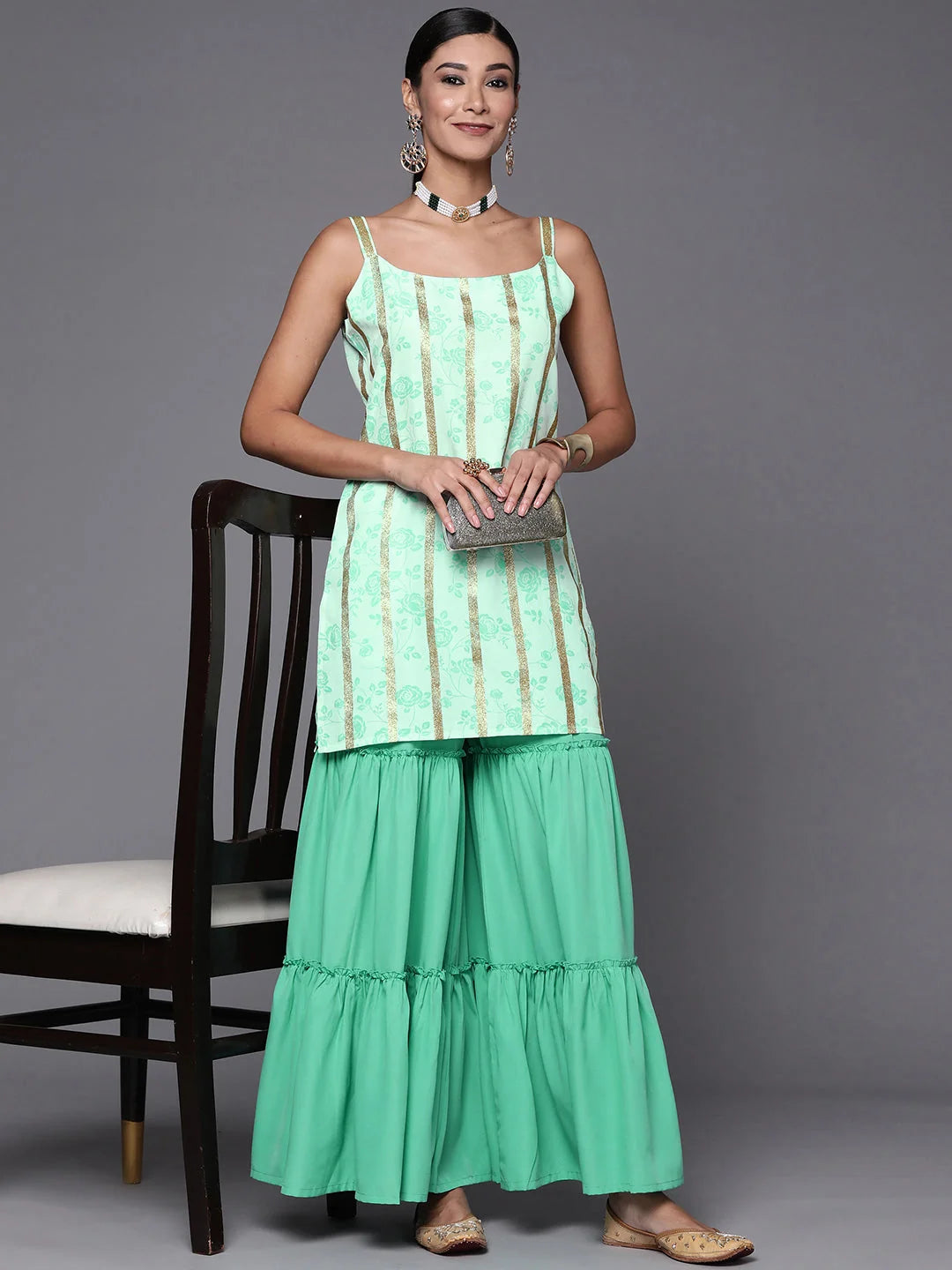 Women's Green & Gold Floral Printed & Striped Straight Sharara Set-AHKUSH-COMBO-544-FF