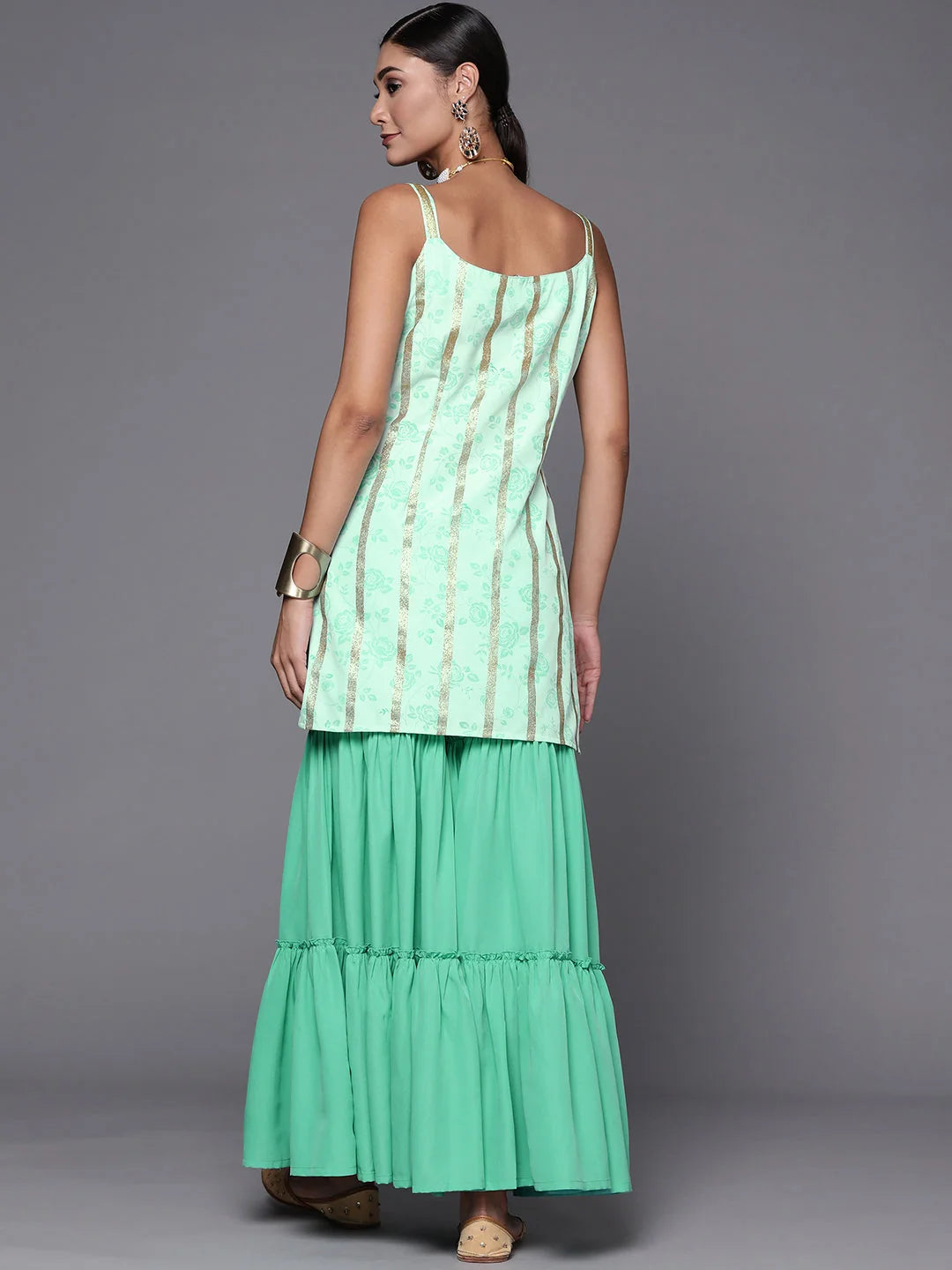 Green & Gold Floral Sharara Set - Designer Sharara Suits