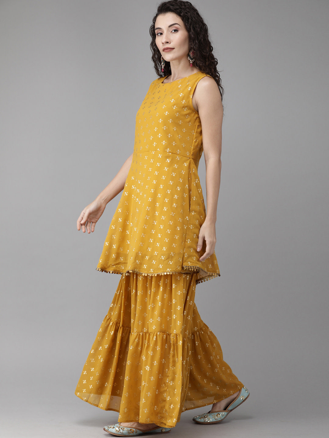 Mustard Printed Sharara Set for Women - Designer Sharara Suits