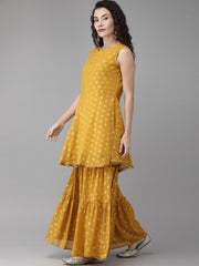 Women's Mustard & Gold-Toned Printed Kurti with Sharara & Dupatta-AHKUSH-Combo-261