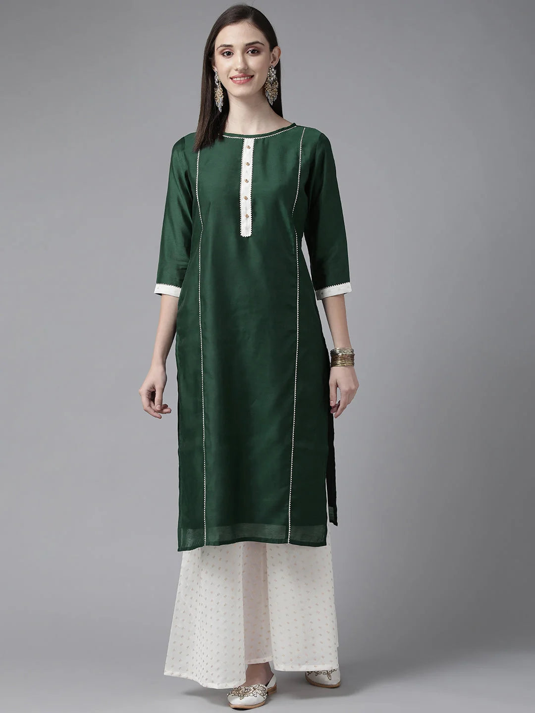 Women Dark Green Plain Chanderi Kurta with Sharara Set-AHKUSH-Combo-320
