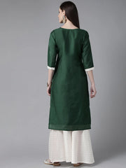 Women Dark Green Plain Chanderi Kurta with Sharara Set-AHKUSH-Combo-320