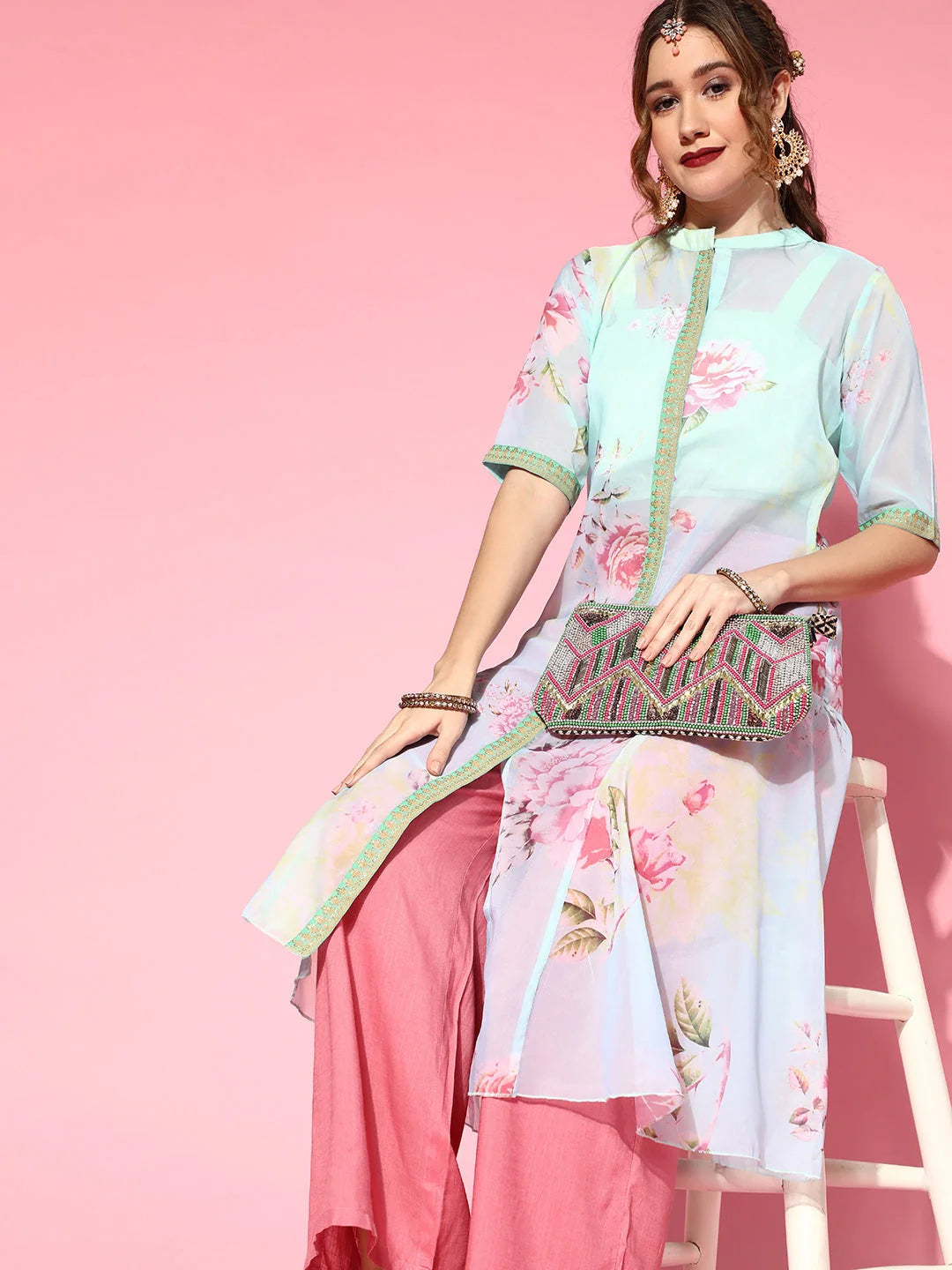Sea Green Floral Printed Top With Kurta-AHKUTP-COMBO-426-FF