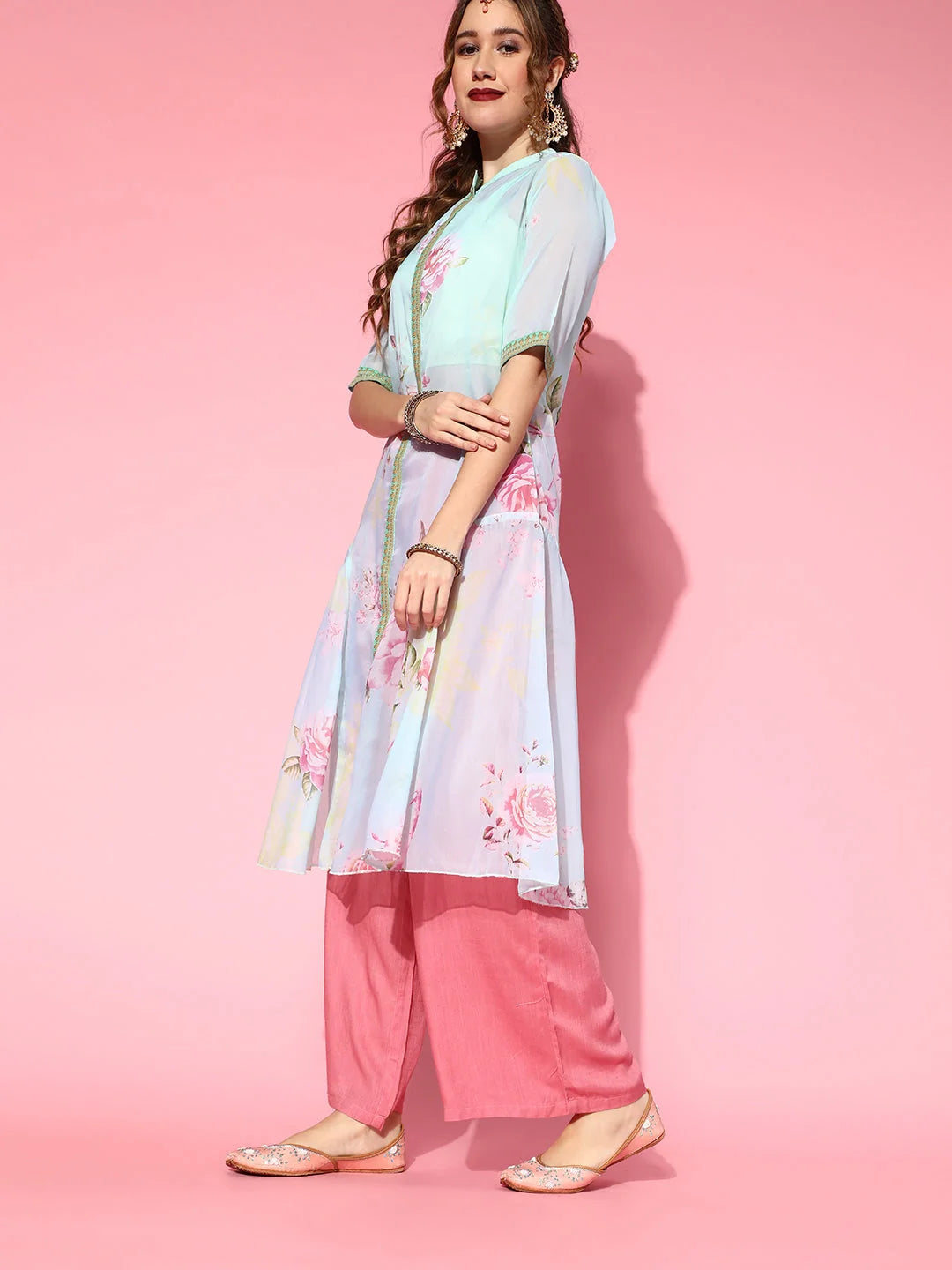 Sea Green Floral Short Kurtis - Indian Top and Kurta Combo