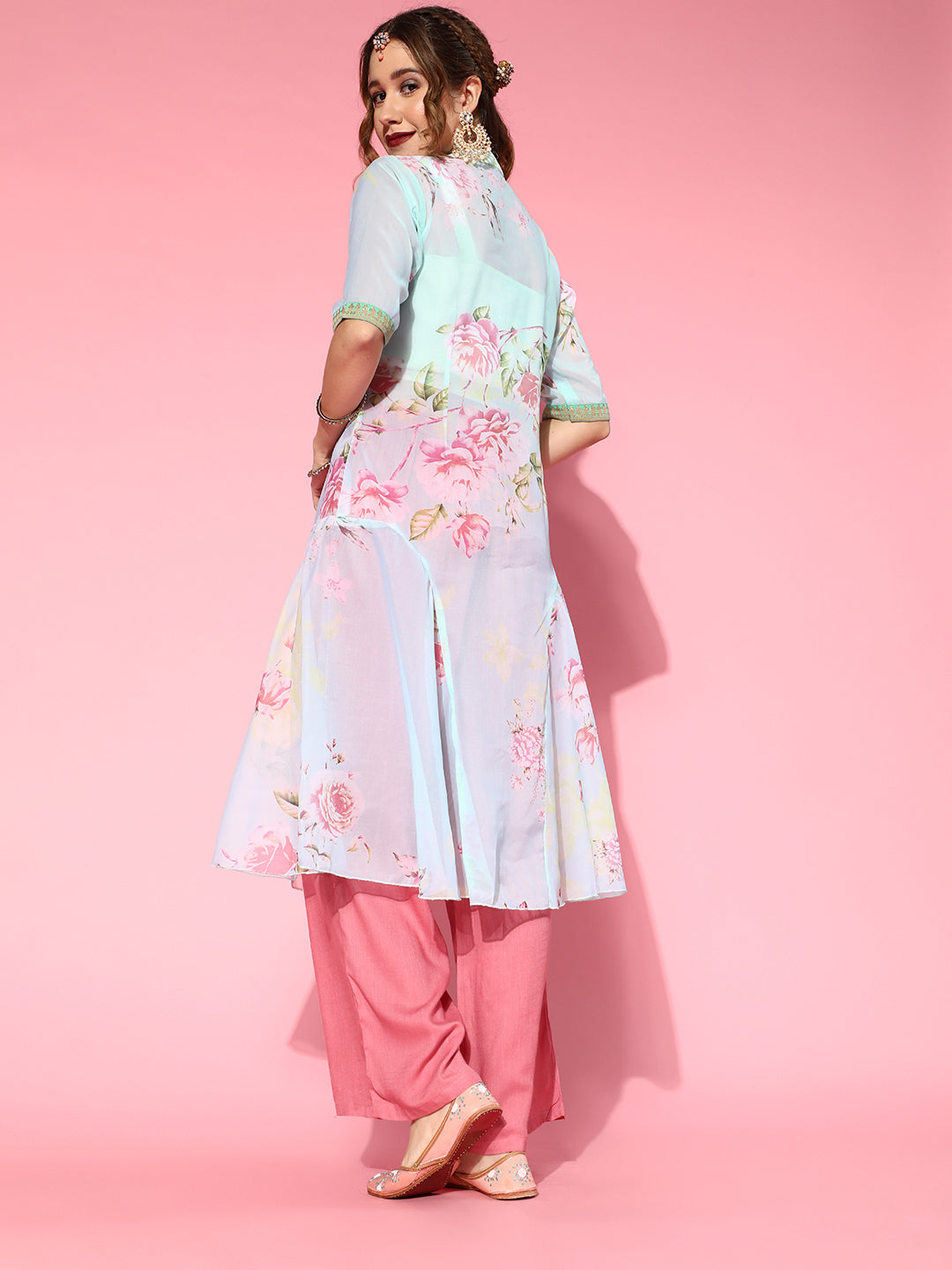 Sea Green Floral Short Kurtis - Indian Top and Kurta Combo
