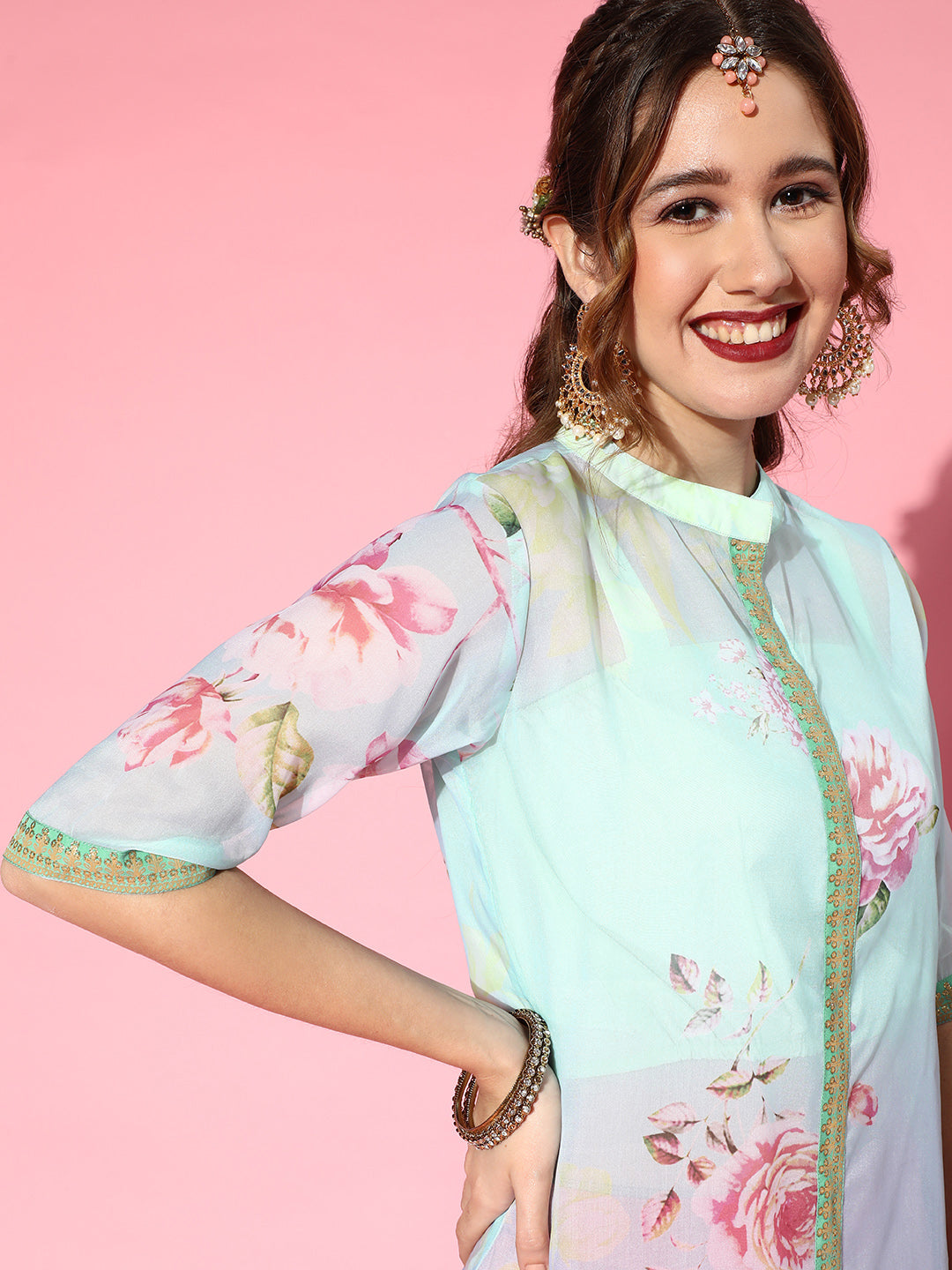 Sea Green Floral Short Kurtis - Indian Top and Kurta Combo
