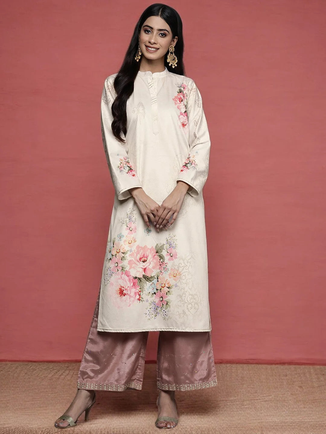 Cream & Pink Floral Printed Gotta Patti Floral Velvet Kurta-AHKUVLDP-1013