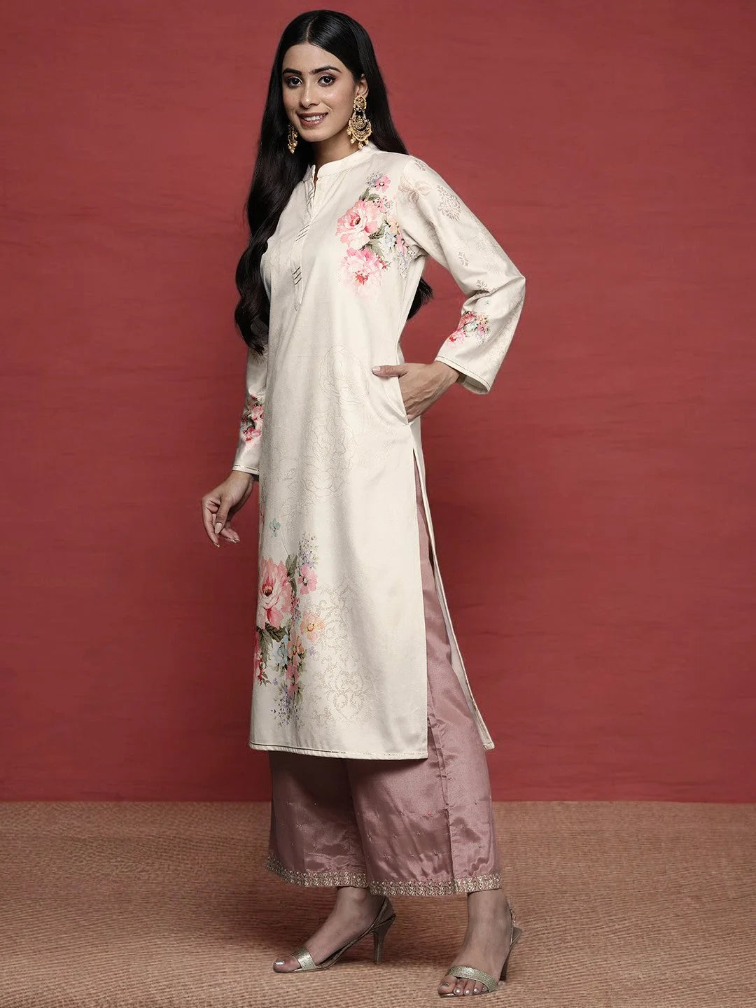 Floral Velvet Indian Kurta for Women - Gotta Patti Details