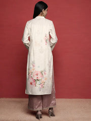 Cream & Pink Floral Printed Gotta Patti Floral Velvet Kurta-AHKUVLDP-1013