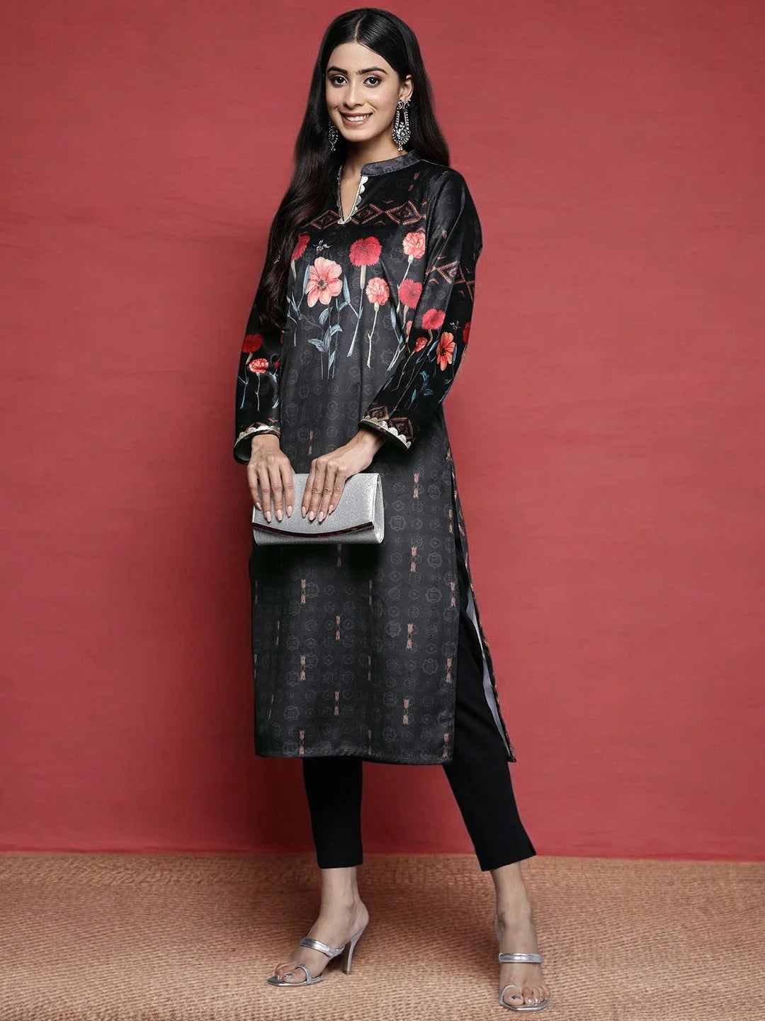 Black & Red Floral Velvet Kurta | Indian Kurta Ladies Collection