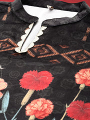Women Black & Red Floral Printed Gotta Patti Velvet Kurta-AHKUVLDP-1014