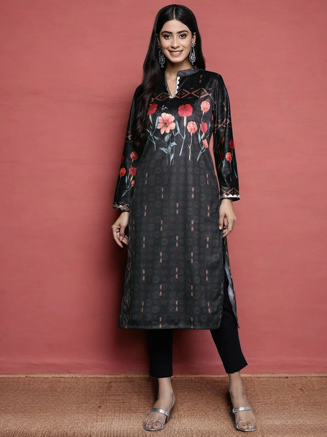 Black & Red Floral Velvet Kurta | Indian Kurta Ladies Collection