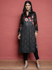 Women Black & Red Floral Printed Gotta Patti Velvet Kurta-AHKUVLDP-1014