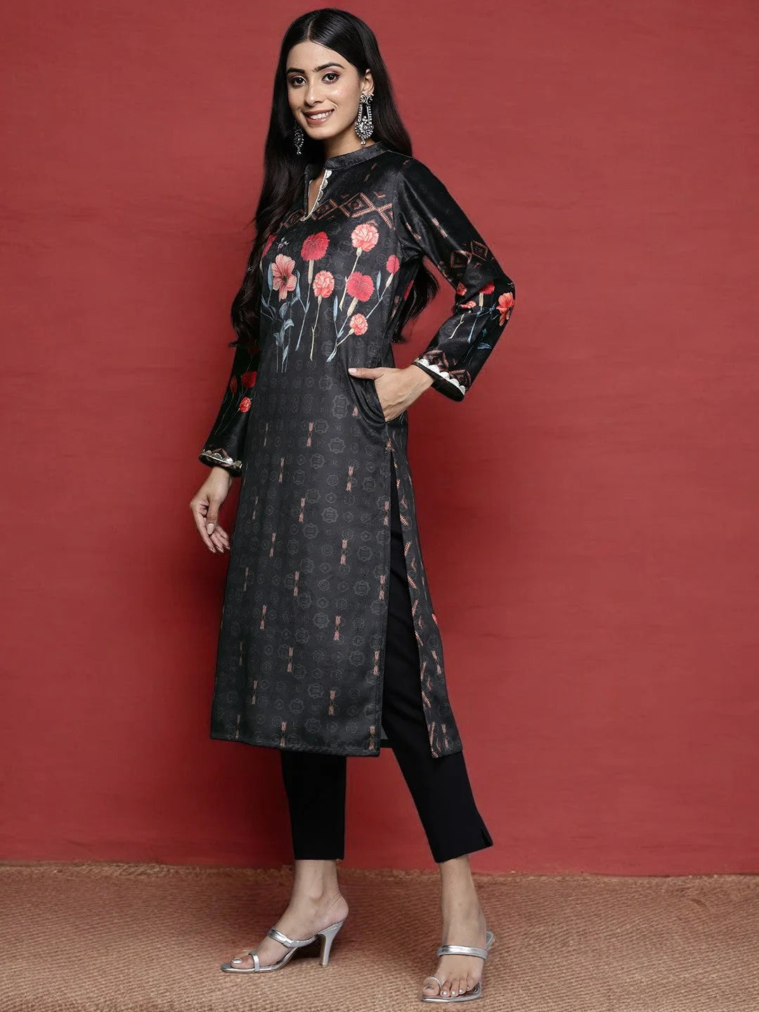 Black & Red Floral Velvet Kurta | Indian Kurta Ladies Collection