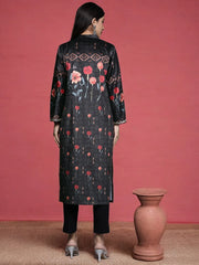 Women Black & Red Floral Printed Gotta Patti Velvet Kurta-AHKUVLDP-1014