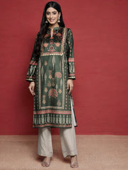 Green & Pink Printed Gotta Patti Velvet Kurta-AHKUVLDP-1015