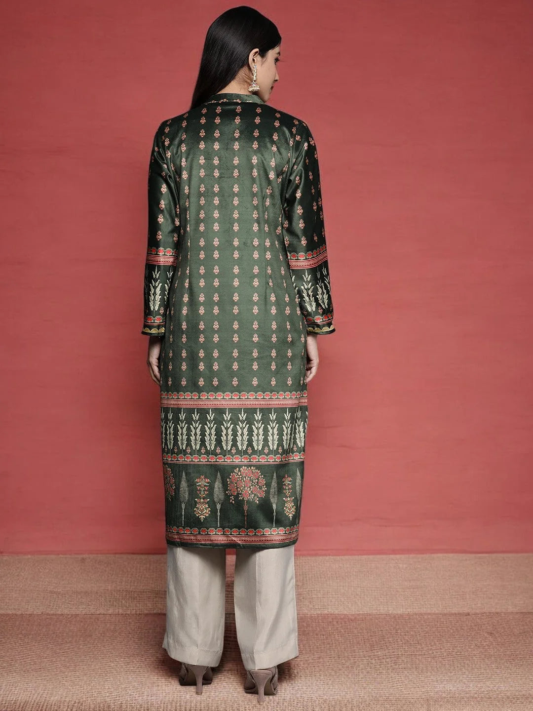 Green & Pink Floral Velvet Kurta | Indian Kurta for Ladies