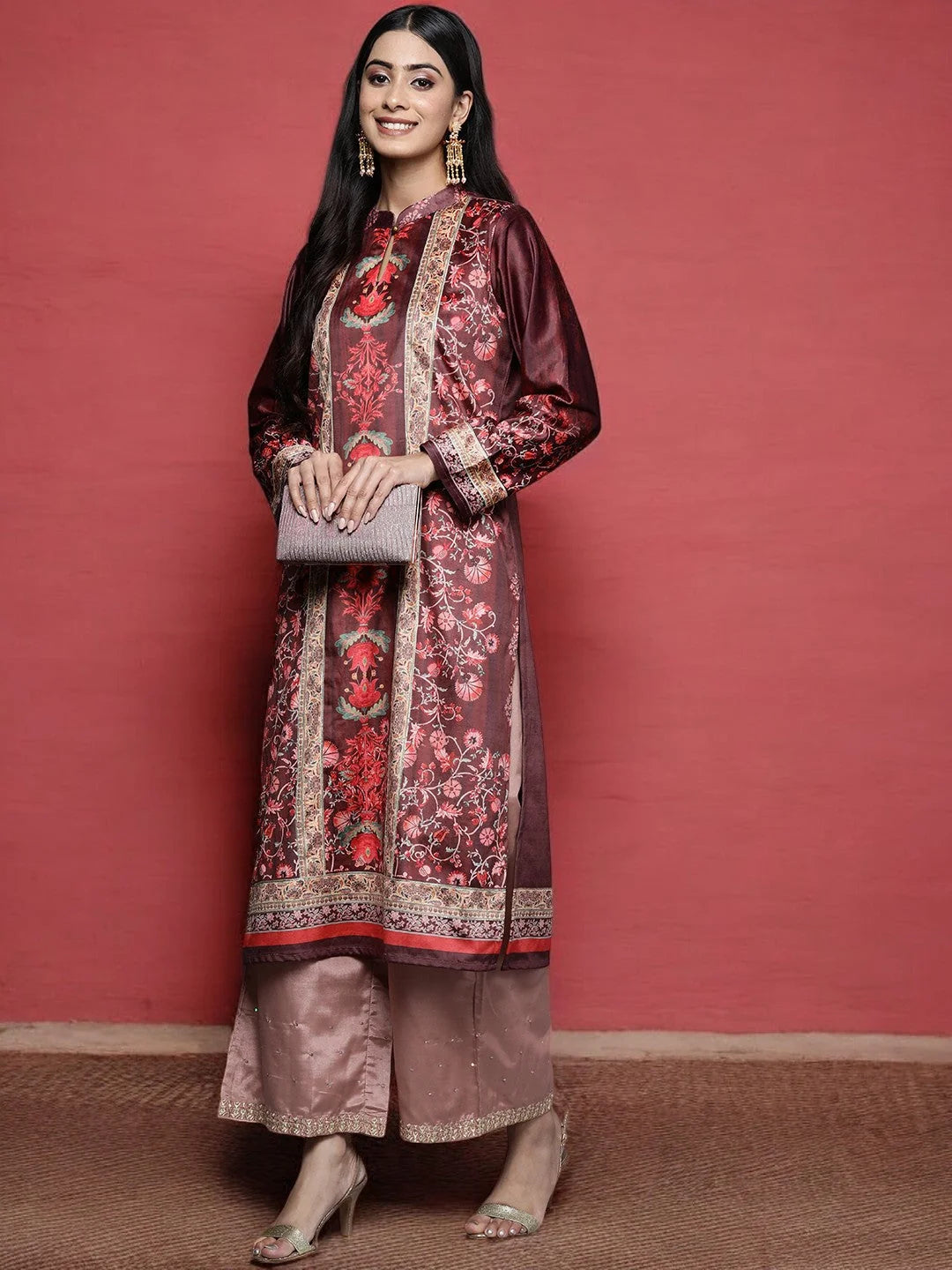 Burgundy Velvet Floral Indian Kurta with Gotta Patti Work