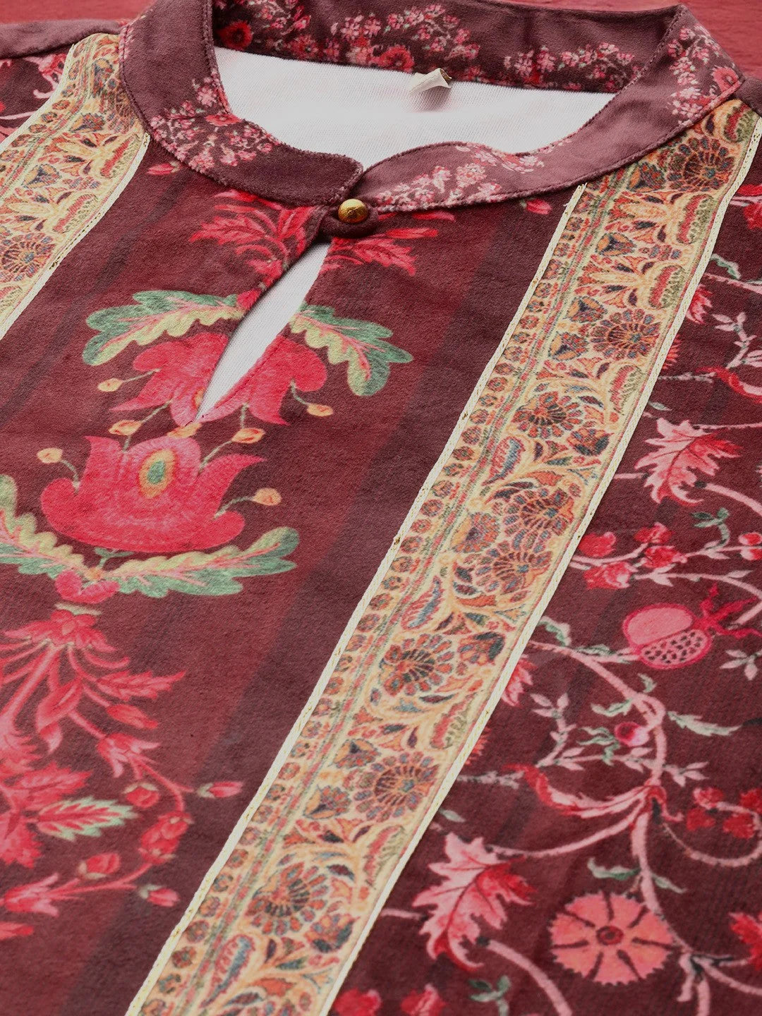 Burgundy Velvet Floral Indian Kurta with Gotta Patti Work