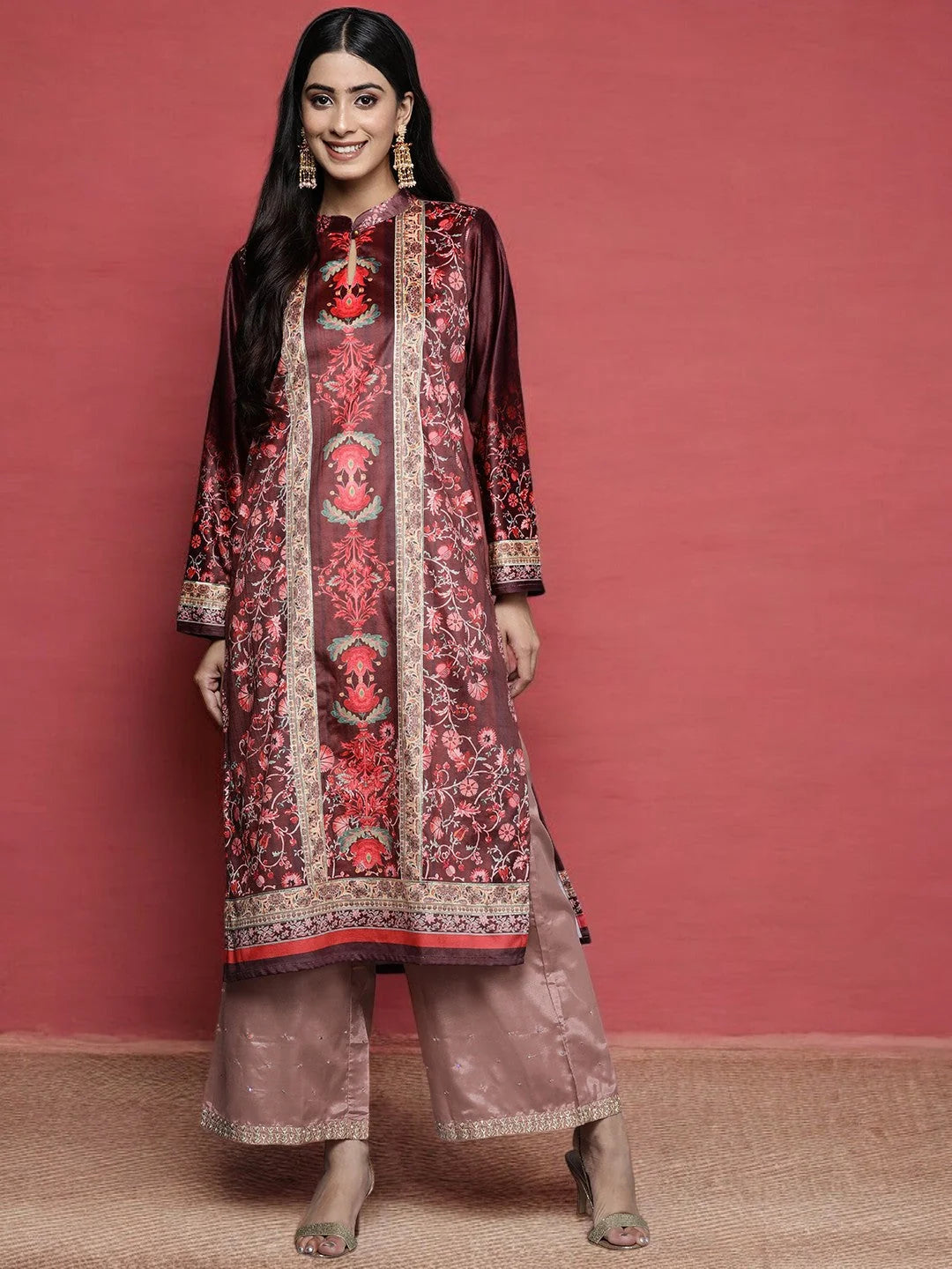 Burgundy Velvet Floral Indian Kurta with Gotta Patti Work