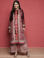 Burgundy & Golden Floral Printed Gotta Patti Floral Velvet Kurta-AHKUVLDP-1016
