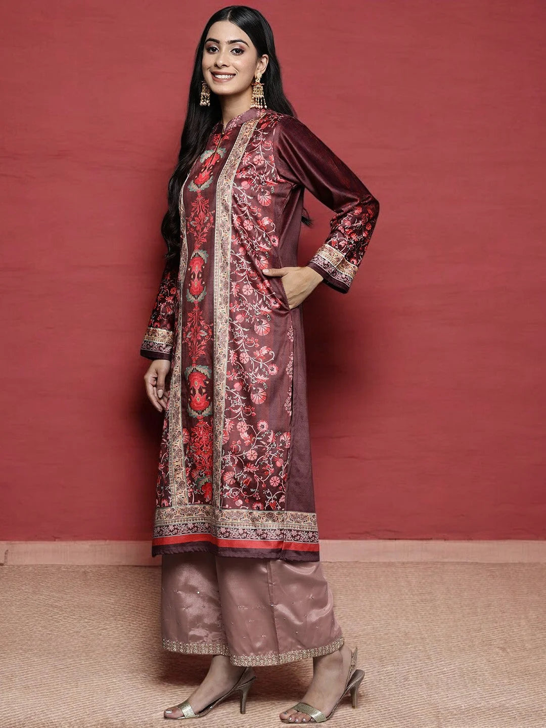 Burgundy Velvet Floral Indian Kurta with Gotta Patti Work