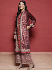 Burgundy & Golden Floral Printed Gotta Patti Floral Velvet Kurta-AHKUVLDP-1016