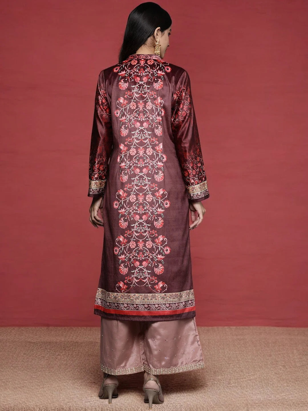 Burgundy Velvet Floral Indian Kurta with Gotta Patti Work
