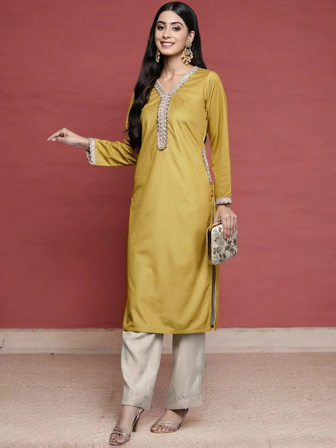 Mustard Velvet Indian Kurta with Golden Motifs | Shop Kurtas
