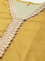 Mustard Yellow & Golden Ethnic Motifs Yoke Design Velvet Kurta-AHKUVLDP-1017