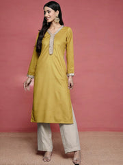 Mustard Yellow & Golden Ethnic Motifs Yoke Design Velvet Kurta-AHKUVLDP-1017