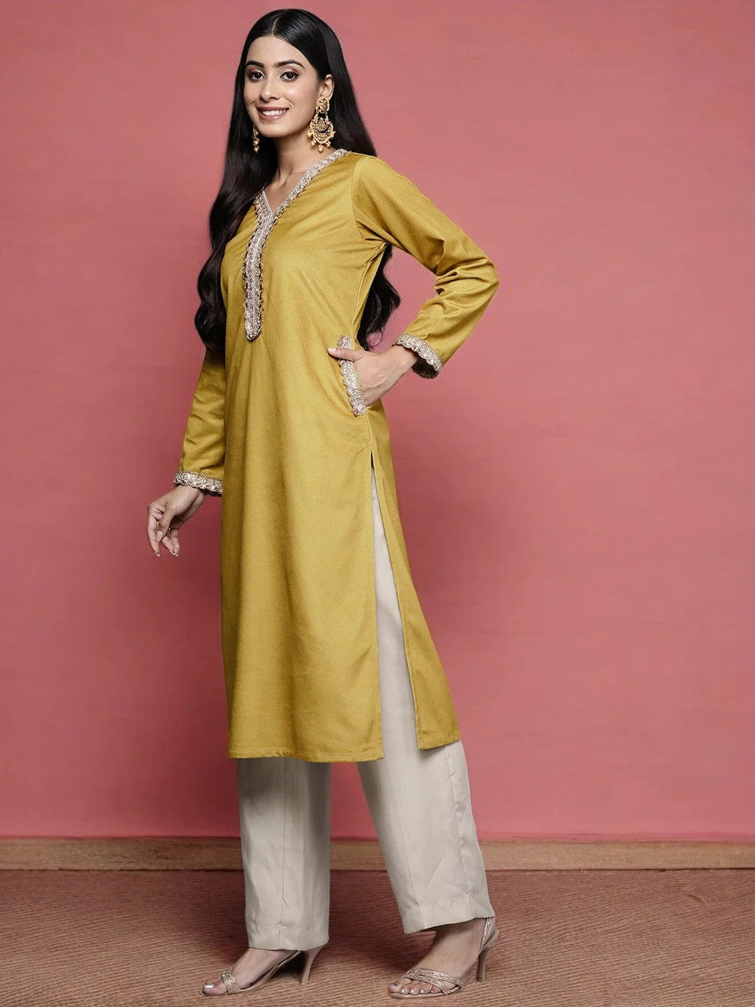 Mustard Velvet Indian Kurta with Golden Motifs | Shop Kurtas