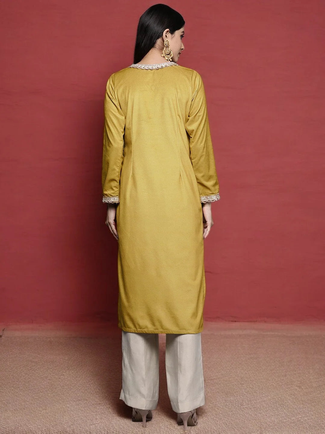 Mustard Velvet Indian Kurta with Golden Motifs | Shop Kurtas