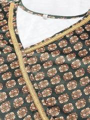 Green & Cream-Coloured Floral Printed Velvet Kurta-AHKUVLDP-1030