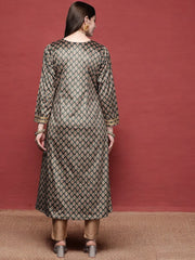 Green & Cream-Coloured Floral Printed Velvet Kurta-AHKUVLDP-1030