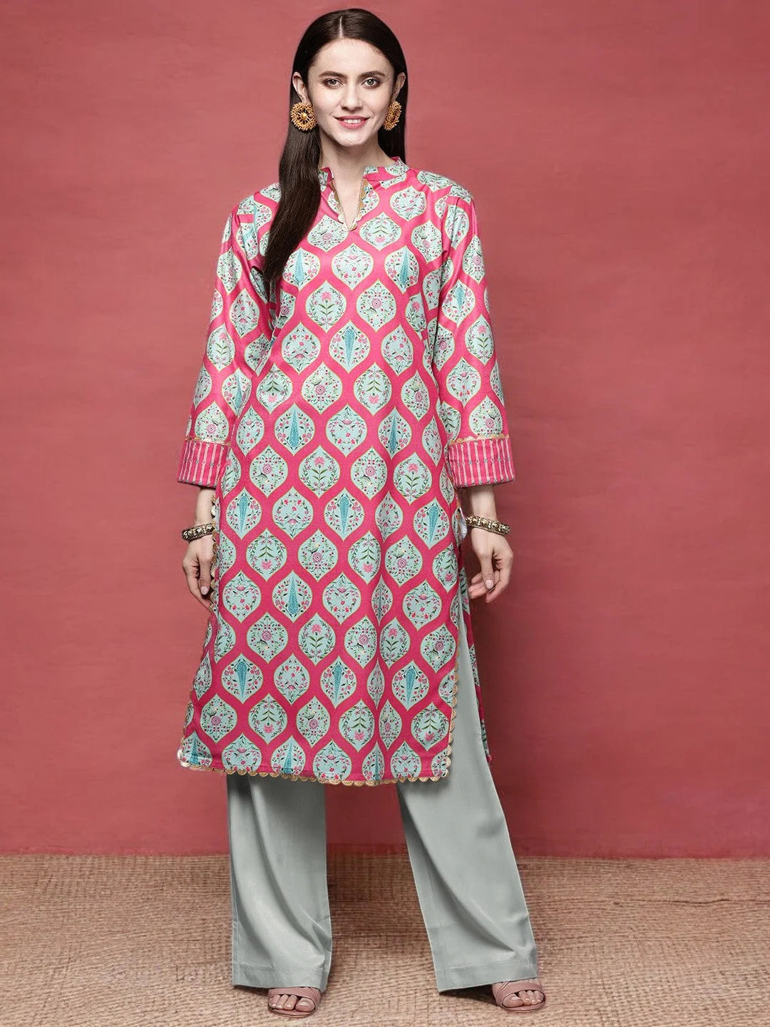 Pink & Sea Green Floral Velvet Indian Kurta for Women