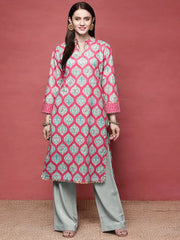 Pink & Sea Green Floral Printed Gotta Patti Velvet Kurta-AHKUVLDP-1033