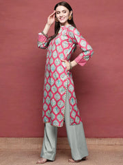 Pink & Sea Green Floral Printed Gotta Patti Velvet Kurta-AHKUVLDP-1033