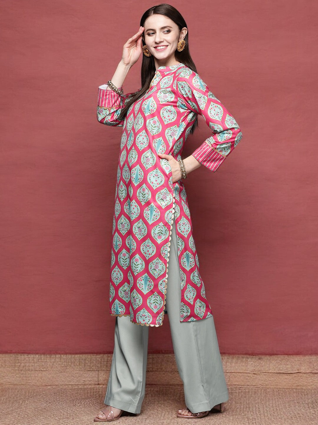 Pink & Sea Green Floral Velvet Indian Kurta for Women