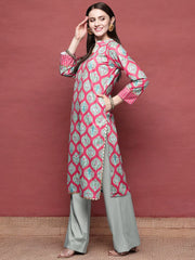 Pink & Sea Green Floral Printed Gotta Patti Velvet Kurta-AHKUVLDP-1033