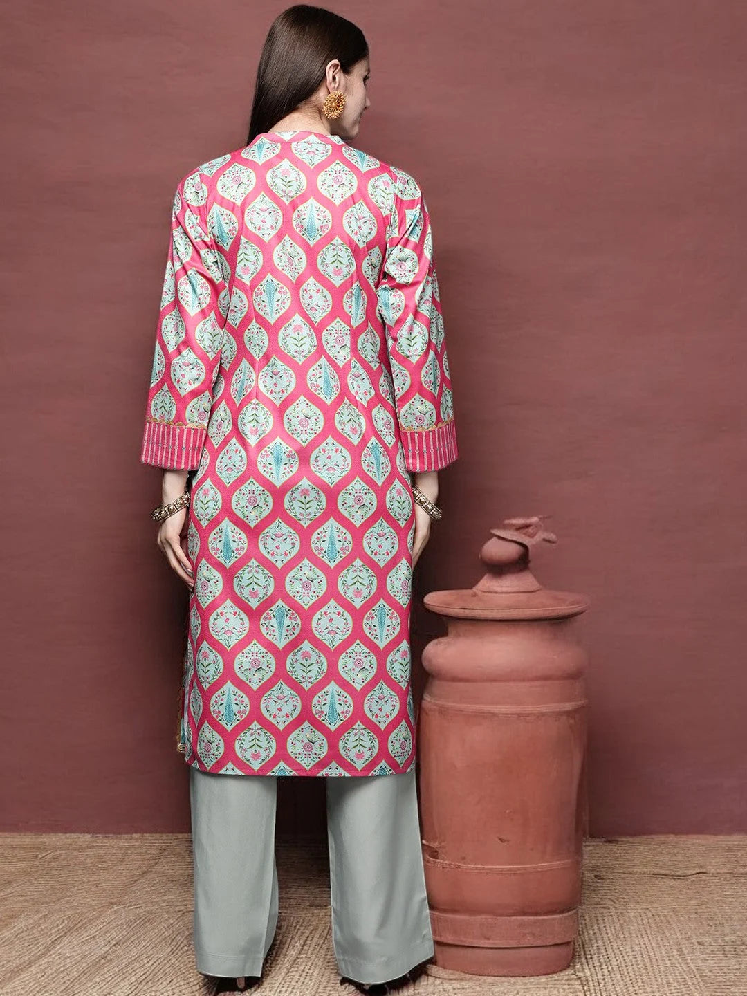 Pink & Sea Green Floral Velvet Indian Kurta for Women