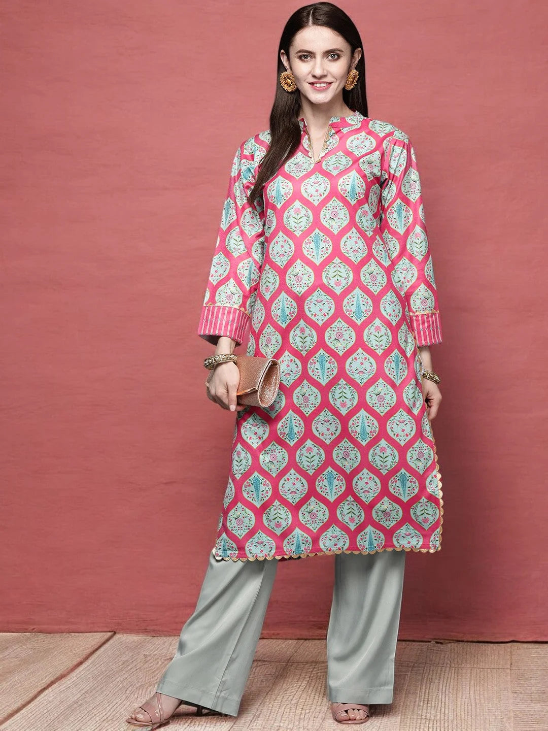 Pink & Sea Green Floral Velvet Indian Kurta for Women