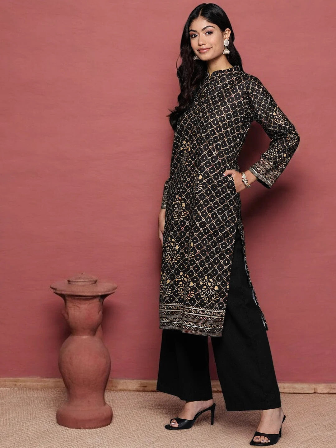 Black Bandhani Print Velvet Kurta - Indian Kurta for Women