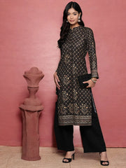 Black Bandhani Printed Gotta Patti Velvet Kurta-AHKUVLDP-1103
