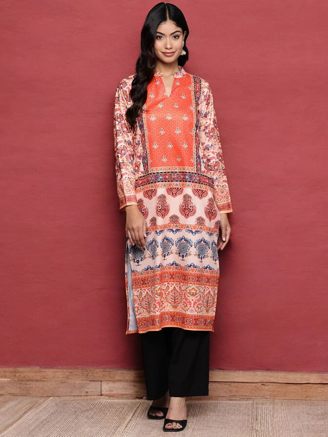Orange Printed Gotta Patti Velvet Kurta-AHKUVLDP-1104